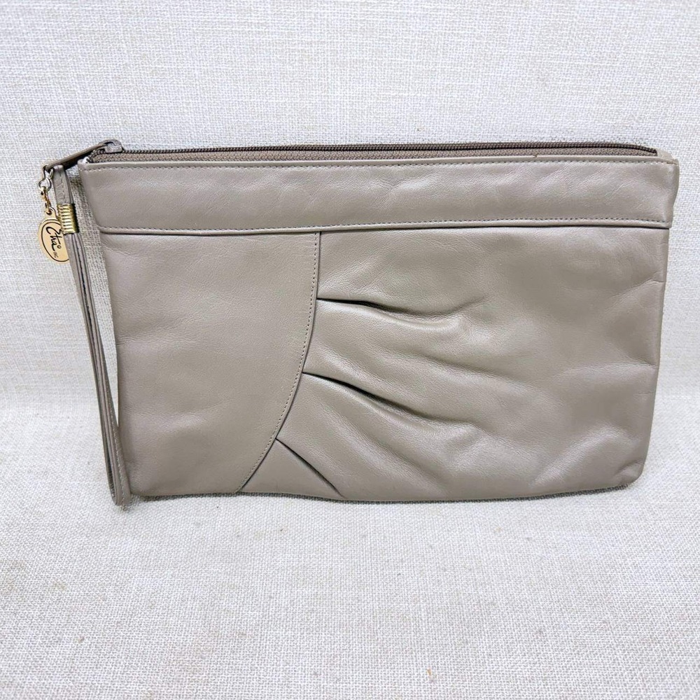 Etra Vintage Taupe Gray Genuine Leather Pleated Wristlet Clutch Bag